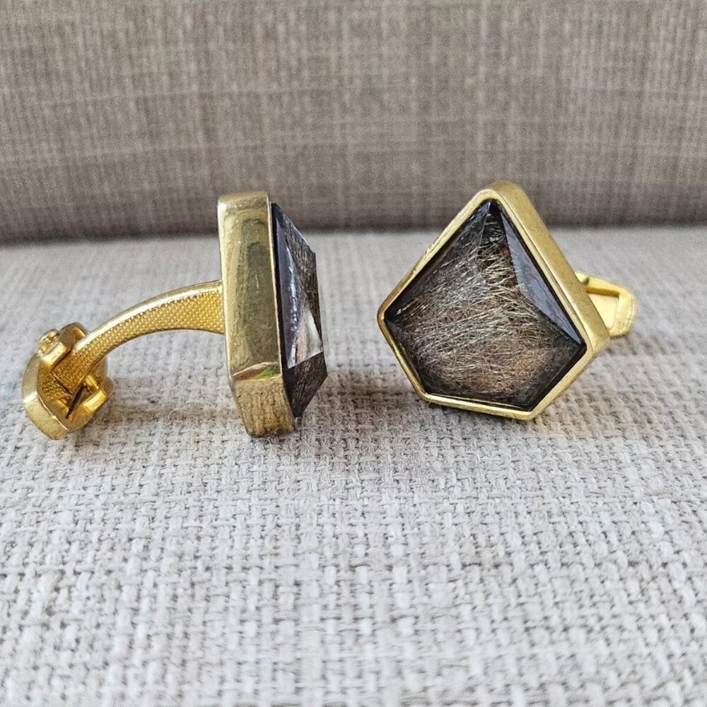 Men Cuff Links Brown Faux Stone Gold Tone Fashion Jewelry Cuff Stud Cufflink New - Picture 5 of 10